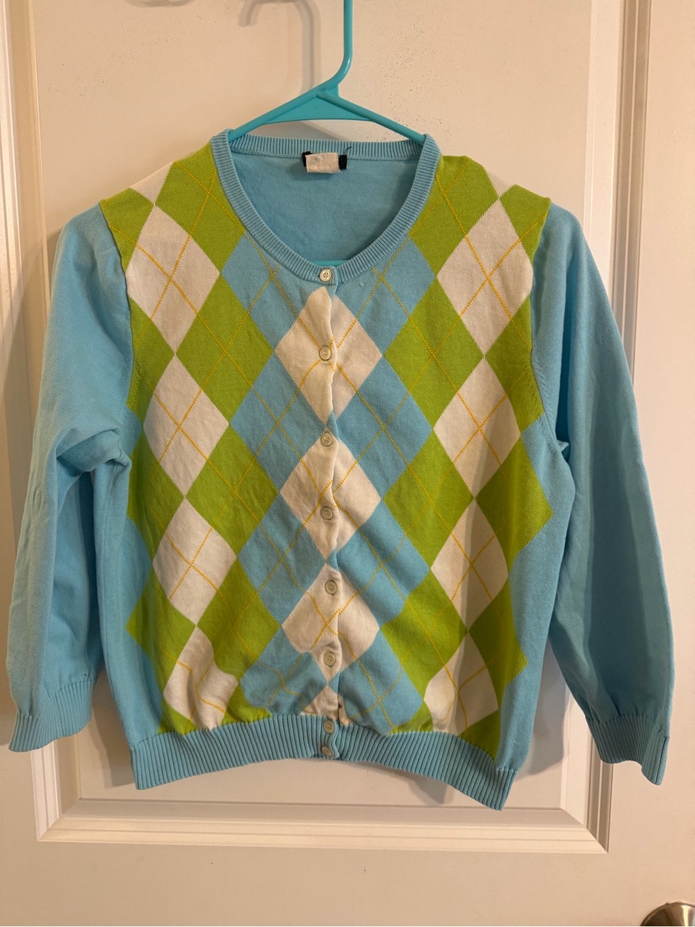 J. Crew Blue, Lime & White Argyle Button-Front Cardigan 3/4 sleeves size large